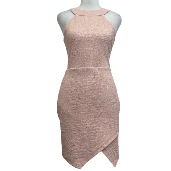 Bebe Light Pink Textured Floral Halter Neck Tulip Hem Mini Dress - Picture 1 of 12
